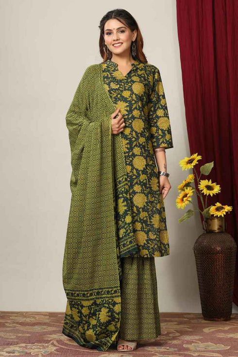 Miravan Womens Green Floral Printed Pure Cotton Kurta With Sharara and With Dupatta