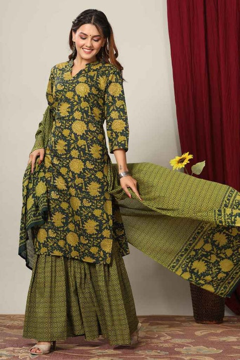 Miravan Womens Green Floral Printed Pure Cotton Kurta With Sharara and With Dupatta
