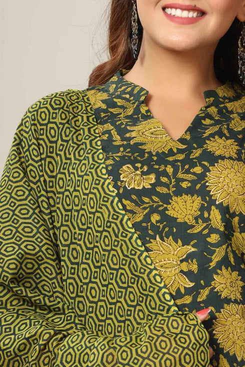 Miravan Womens Green Floral Printed Pure Cotton Kurta With Sharara and With Dupatta