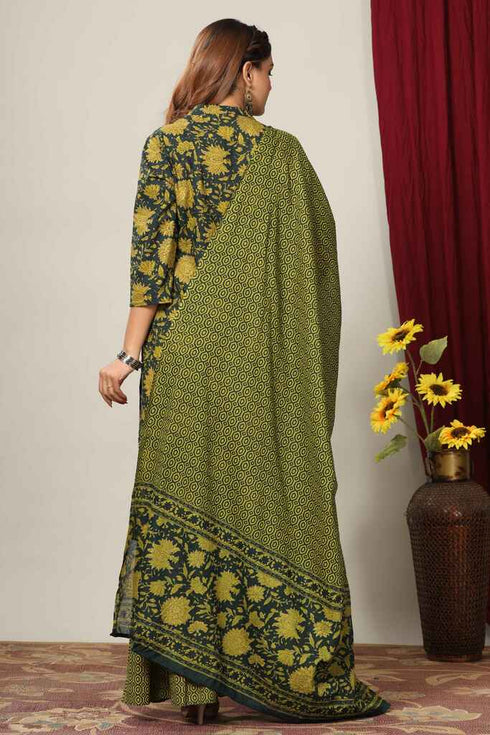 Miravan Womens Green Floral Printed Pure Cotton Kurta With Sharara and With Dupatta