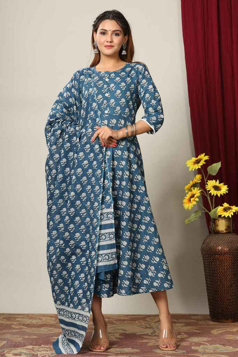 Miravan Womens Blue Floral Printed Anarkali Kurta With Dupatta