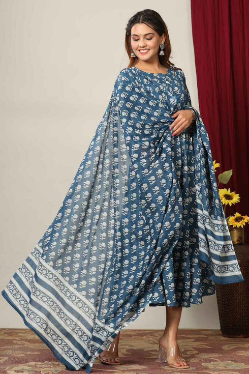 Miravan Womens Blue Floral Printed Anarkali Kurta With Dupatta