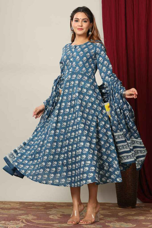 Miravan Womens Blue Floral Printed Anarkali Kurta With Dupatta
