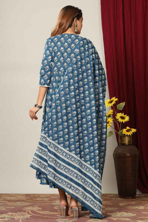 Miravan Womens Blue Floral Printed Anarkali Kurta With Dupatta