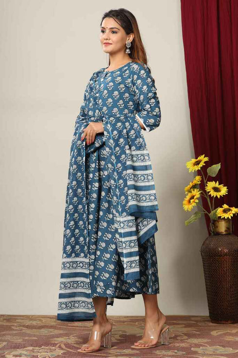 Miravan Womens Blue Floral Printed Anarkali Kurta With Dupatta