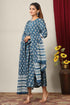 Miravan Womens Blue Floral Printed Anarkali Kurta With Dupatta
