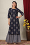 Miravan Womens Blue and Grey Printed Pure Cotton Kurta With Sharara