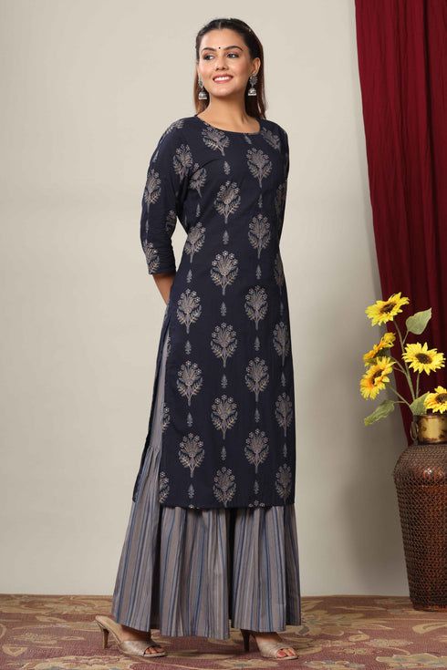 Miravan Womens Blue and Grey Printed Pure Cotton Kurta With Sharara