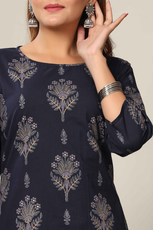Miravan Womens Blue and Grey Printed Pure Cotton Kurta With Sharara