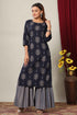 Miravan Womens Blue and Grey Printed Pure Cotton Kurta With Sharara