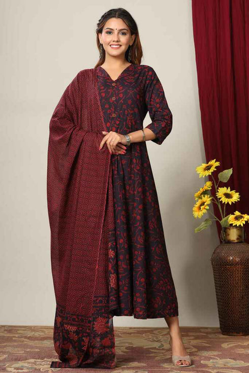 Miravan Womens Maroon Printed Cotton Anarkali Kurta and Dupatta