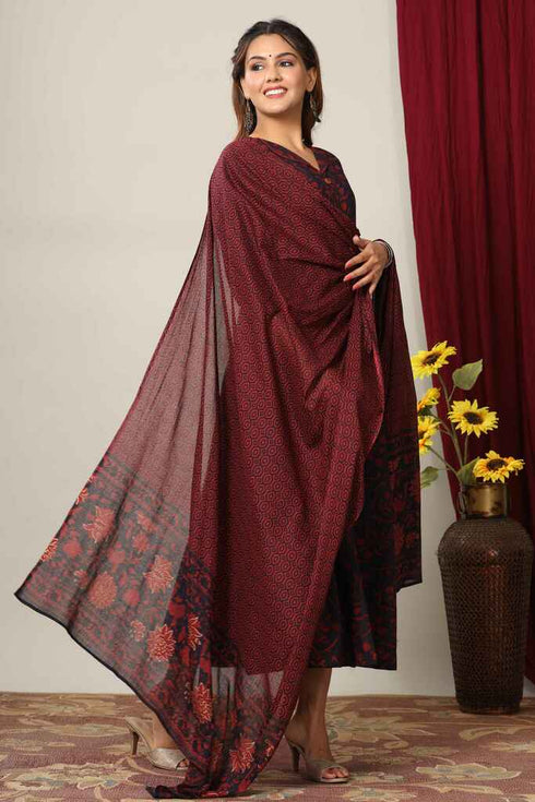 Miravan Womens Maroon Printed Cotton Anarkali Kurta and Dupatta