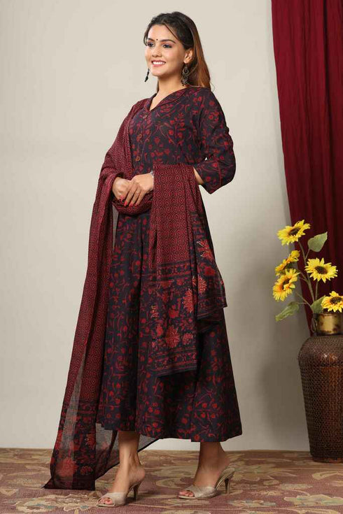 Miravan Womens Maroon Printed Cotton Anarkali Kurta and Dupatta