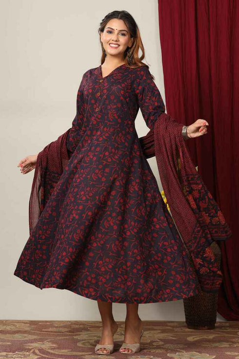 Miravan Womens Maroon Printed Cotton Anarkali Kurta and Dupatta