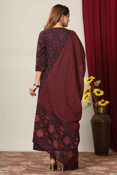 Miravan Womens Maroon Printed Cotton Anarkali Kurta and Dupatta