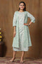 Miravan Womens Green Cotton Floral Printed A Line Kurta With Jacket