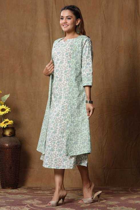 Miravan Womens Green Cotton Floral Printed A Line Kurta With Jacket