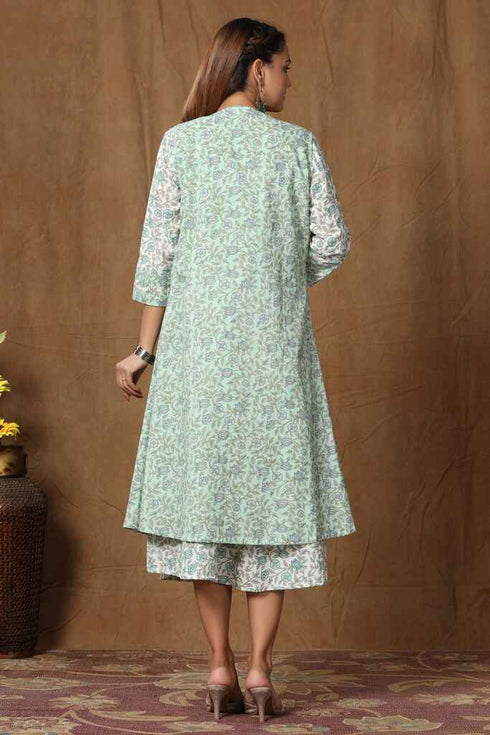 Miravan Womens Green Cotton Floral Printed A Line Kurta With Jacket