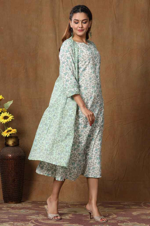 Miravan Womens Green Cotton Floral Printed A Line Kurta With Jacket