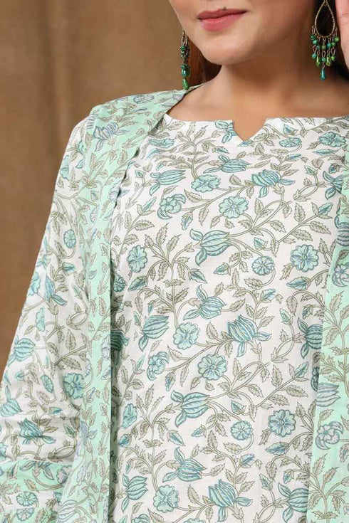 Miravan Womens Green Cotton Floral Printed A Line Kurta With Jacket