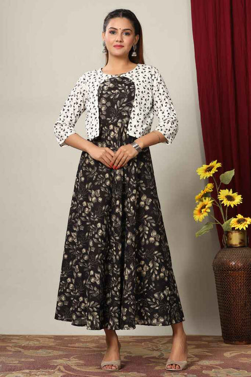Miravan Womens Anarkali Jaipuri Cotton Floral Print Long Kurta With Jacket