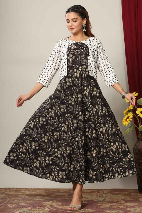 Miravan Womens Anarkali Jaipuri Cotton Floral Print Long Kurta With Jacket