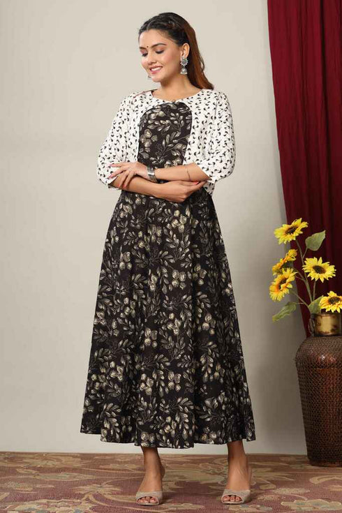 Miravan Womens Anarkali Jaipuri Cotton Floral Print Long Kurta With Jacket