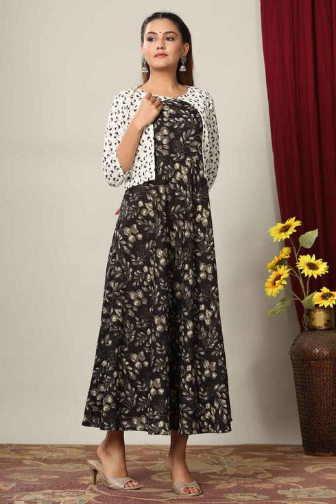 Miravan Womens Anarkali Jaipuri Cotton Floral Print Long Kurta With Jacket