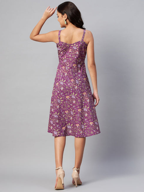 Miravan Womens Purple Floral Printed Midi Length Dress