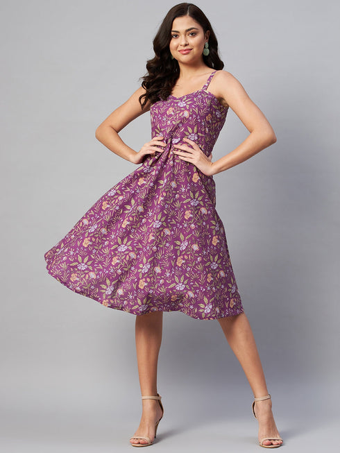 Miravan Womens Purple Floral Printed Midi Length Dress