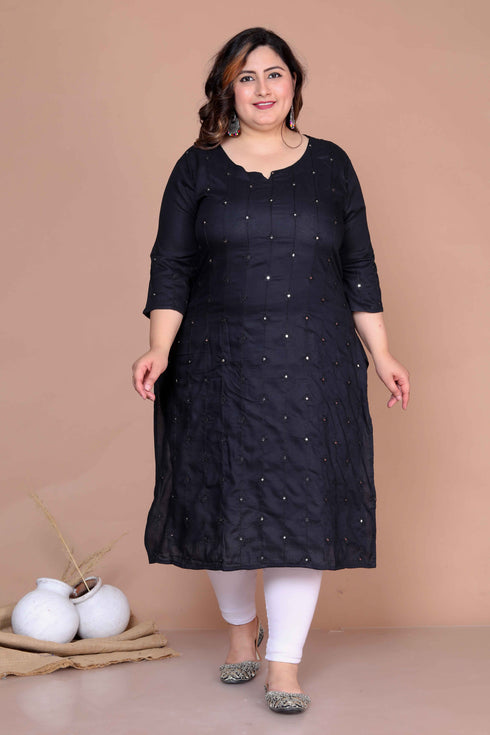 Miravan Womens Plus Size Black Mirror Work Embroidered Pakistani Straight Kurti