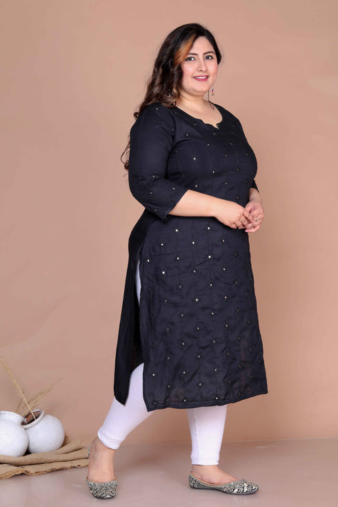 Miravan Womens Plus Size Black Mirror Work Embroidered Pakistani Straight Kurti