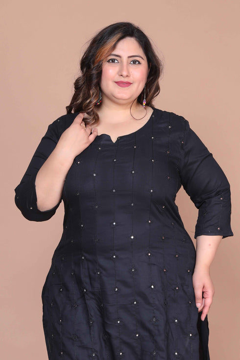 Miravan Womens Plus Size Black Mirror Work Embroidered Pakistani Straight Kurti
