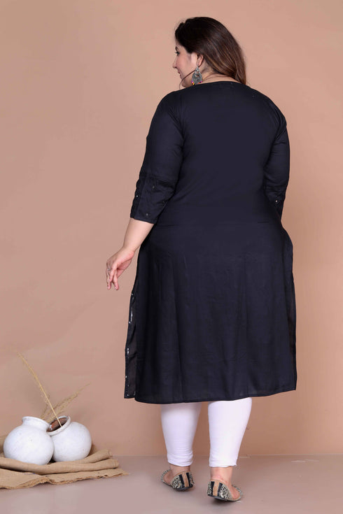 Miravan Womens Plus Size Black Mirror Work Embroidered Pakistani Straight Kurti