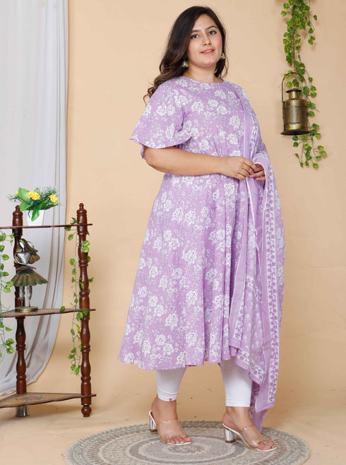 Miravan Womens Plus Size Lavender Floral Flared Sleeves Anarkali Kurta With Dupatta