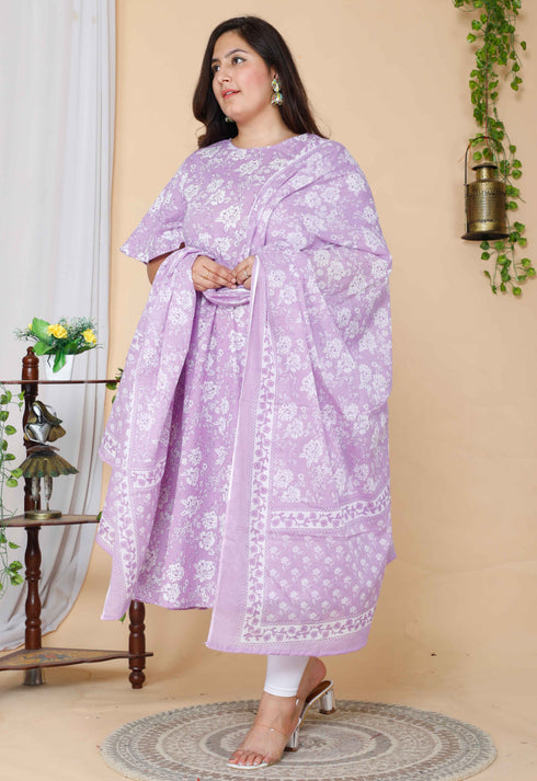 Miravan Womens Plus Size Lavender Floral Flared Sleeves Anarkali Kurta With Dupatta