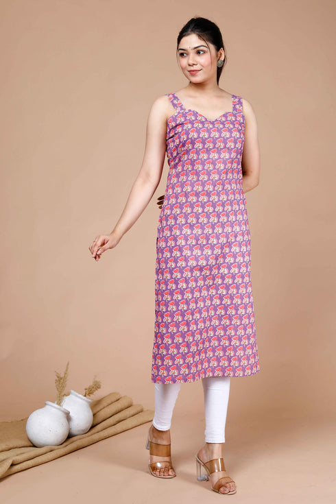 Miravan Womens Purple Ethnic Motifs Printed Sweetheart Neck Shoulder Straps Cotton Straight Kurti
