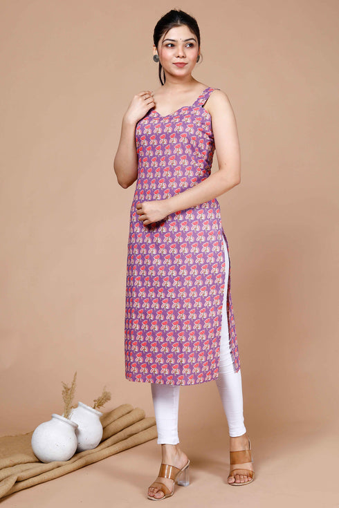 Miravan Womens Purple Ethnic Motifs Printed Sweetheart Neck Shoulder Straps Cotton Straight Kurti