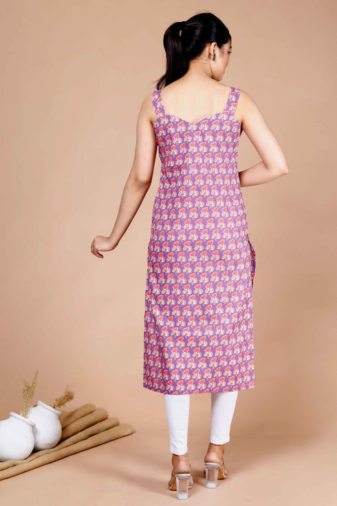 Miravan Womens Purple Ethnic Motifs Printed Sweetheart Neck Shoulder Straps Cotton Straight Kurti