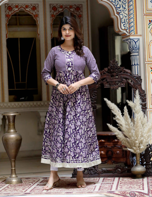 Miravan Womens Purple Cotton Floral Gota Lace Work Anarkali Kurta