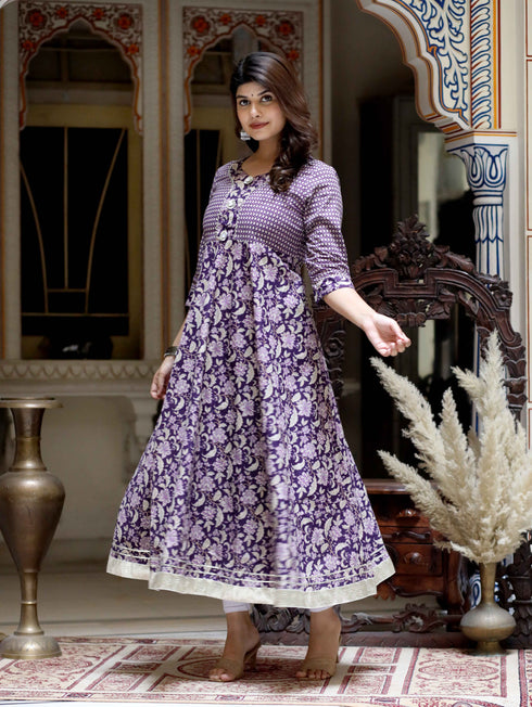 Miravan Womens Purple Cotton Floral Gota Lace Work Anarkali Kurta