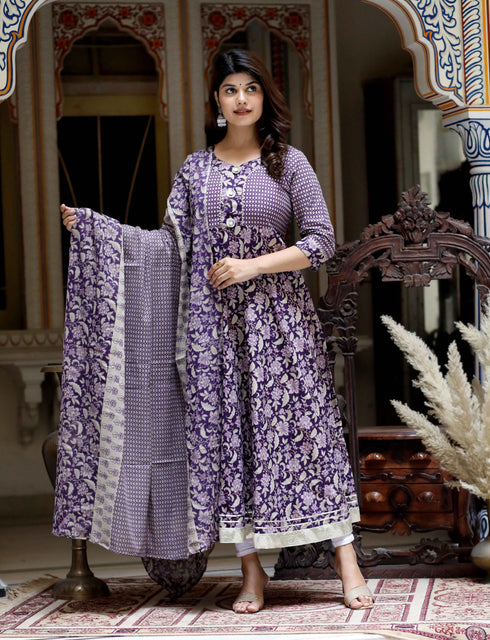 Miravan Womens Purple Cotton Floral Gota Lace Work Anarkali Kurta And Dupatta