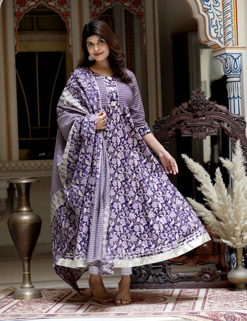 Miravan Womens Purple Cotton Floral Gota Lace Work Anarkali Kurta And Dupatta