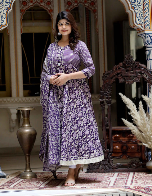 Miravan Womens Purple Cotton Floral Gota Lace Work Anarkali Kurta And Dupatta