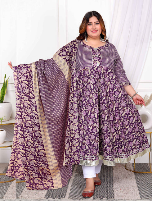 Miravan Womens Plus Size Purple Cotton Floral Gota Lace Work Anarkali Kurta And Dupatta