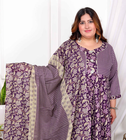 Miravan Womens Plus Size Purple Cotton Floral Gota Lace Work Anarkali Kurta And Dupatta