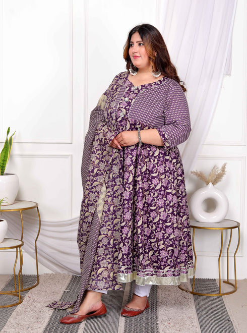 Miravan Womens Plus Size Purple Cotton Floral Gota Lace Work Anarkali Kurta And Dupatta