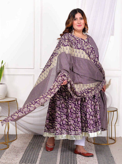 Miravan Womens Plus Size Purple Cotton Floral Gota Lace Work Anarkali Kurta And Dupatta