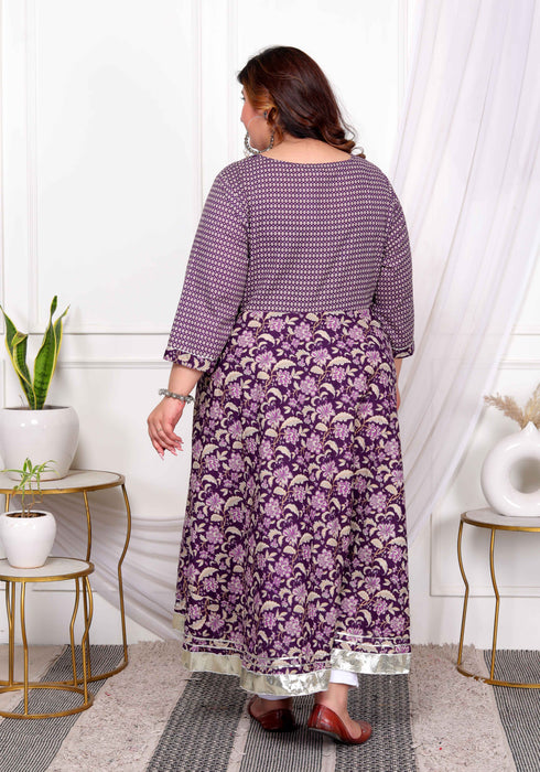 Miravan Womens Plus Size Purple Cotton Floral Gota Lace Work Anarkali Kurta And Dupatta