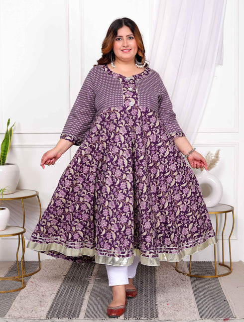 Miravan Womens Plus Size Purple Cotton Floral Gota Lace Work Anarkali Kurta